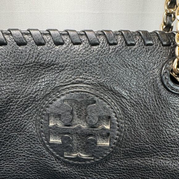 Tory Burch Large Pebble Black Leather East West Tote Bag Gold Chain Hardware - Picture 3 of 9